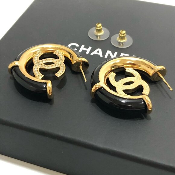 CHANEL CC Logos Rhinestone Black Hoop Stud Earrings Gold Tone B23C Auth w/Box - Picture 1 of 8